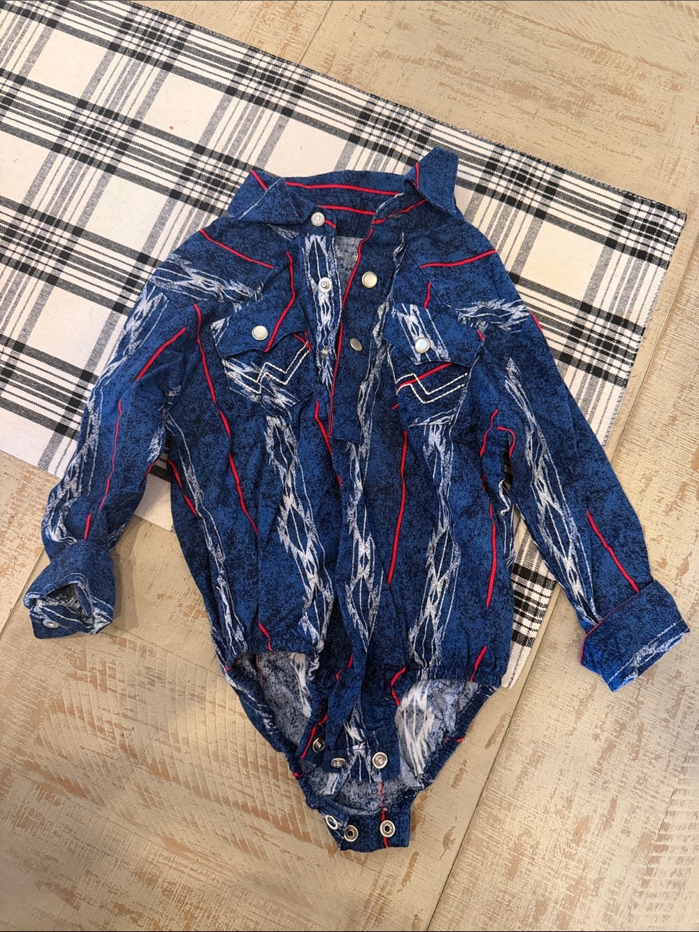 Wrangler Blue Long-Sleeve Button Down Bodysuit with Red Accents